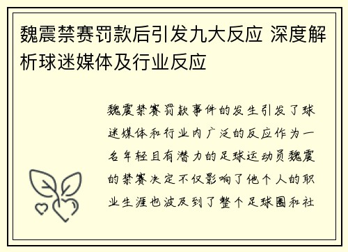 魏震禁赛罚款后引发九大反应 深度解析球迷媒体及行业反应