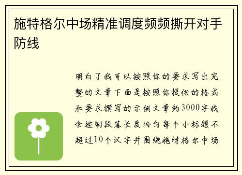 施特格尔中场精准调度频频撕开对手防线